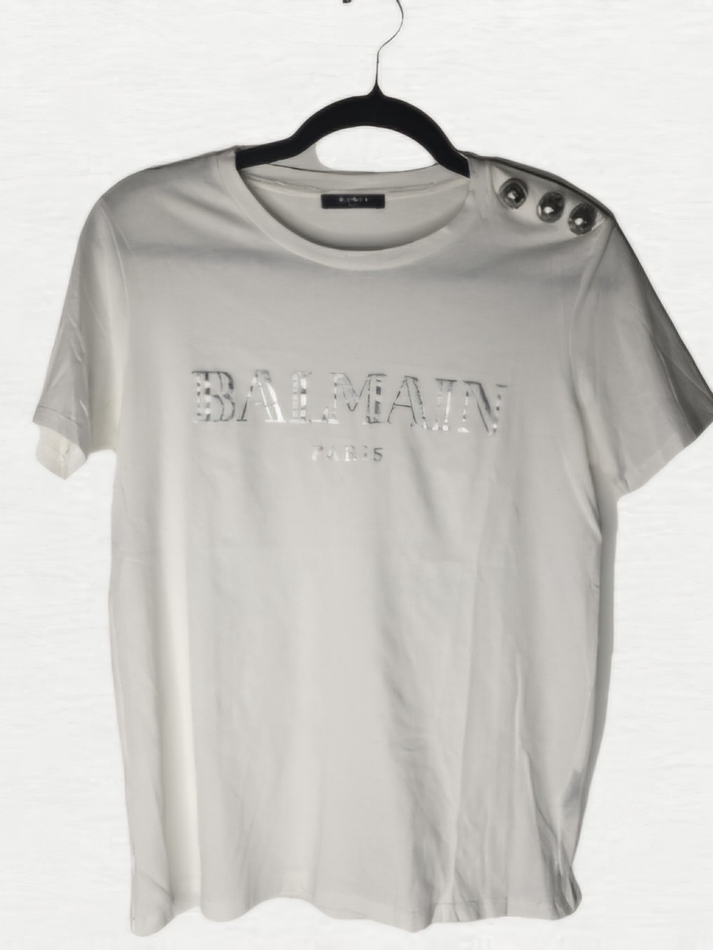 Balmain White Logo Tee with Shoulder Button Detail